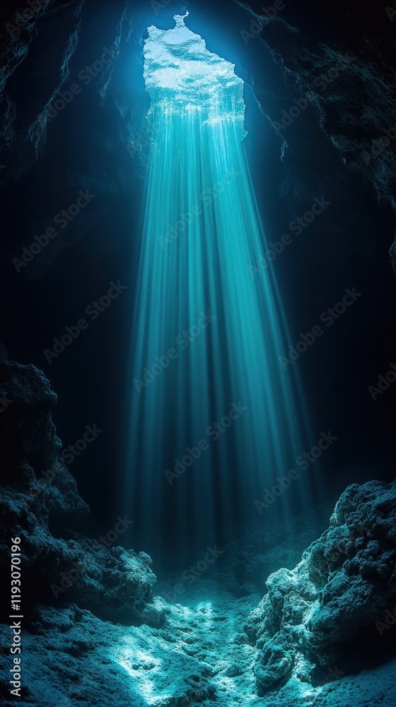 Captivating beams of natural light shining through an underwater cave illuminating a serene and mesmerizing underwater landscape Captivating beams of natural light shining through an underwater cave illuminating a serene and mesmerizing underwater landscape