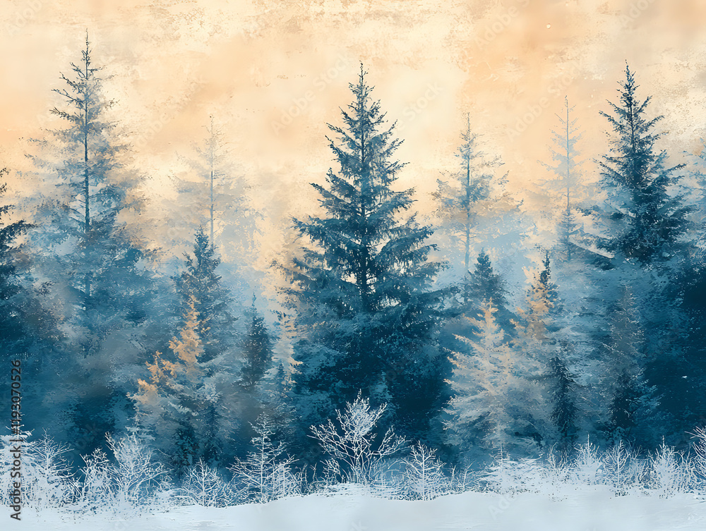 Fototapeta premium Snow-laden pine forest under soft morning light in winter scene