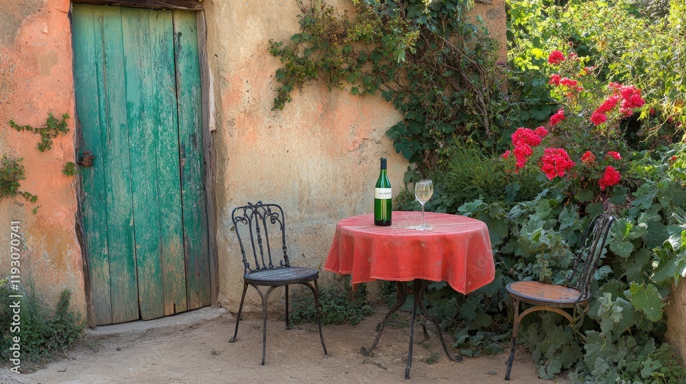 Obraz premium Charming outdoor table setting with wine and flowers