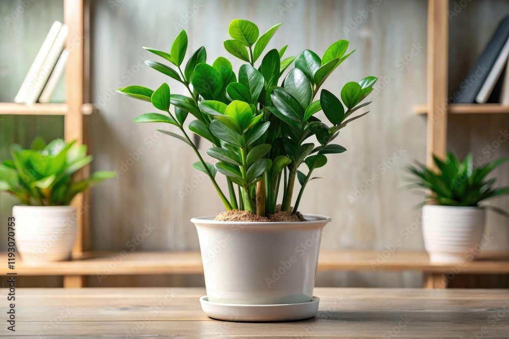 Fototapeta premium A low-maintenance ZZ plant sits in a compact ceramic pot, its glossy leaves reflecting the surrounding shelves, succulents, compact decor, indoor plants, desk accessories, ZZ plant