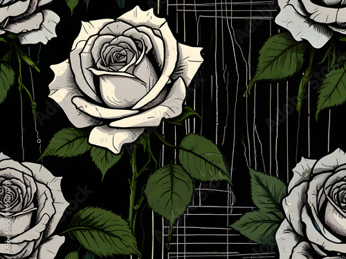 Little open White rose in prospective , background is dark, black 8k, copy the comic style of comic artist with emphasis on dark lines, dark tones, dark gritty photo