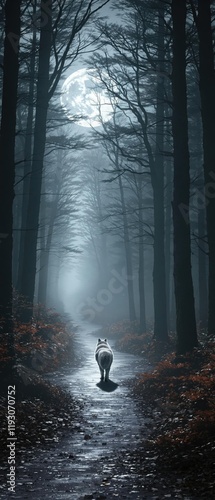 A lone wolf wanders alone under the full moon's gentle beam on a misty forest path, night, fog, wolves