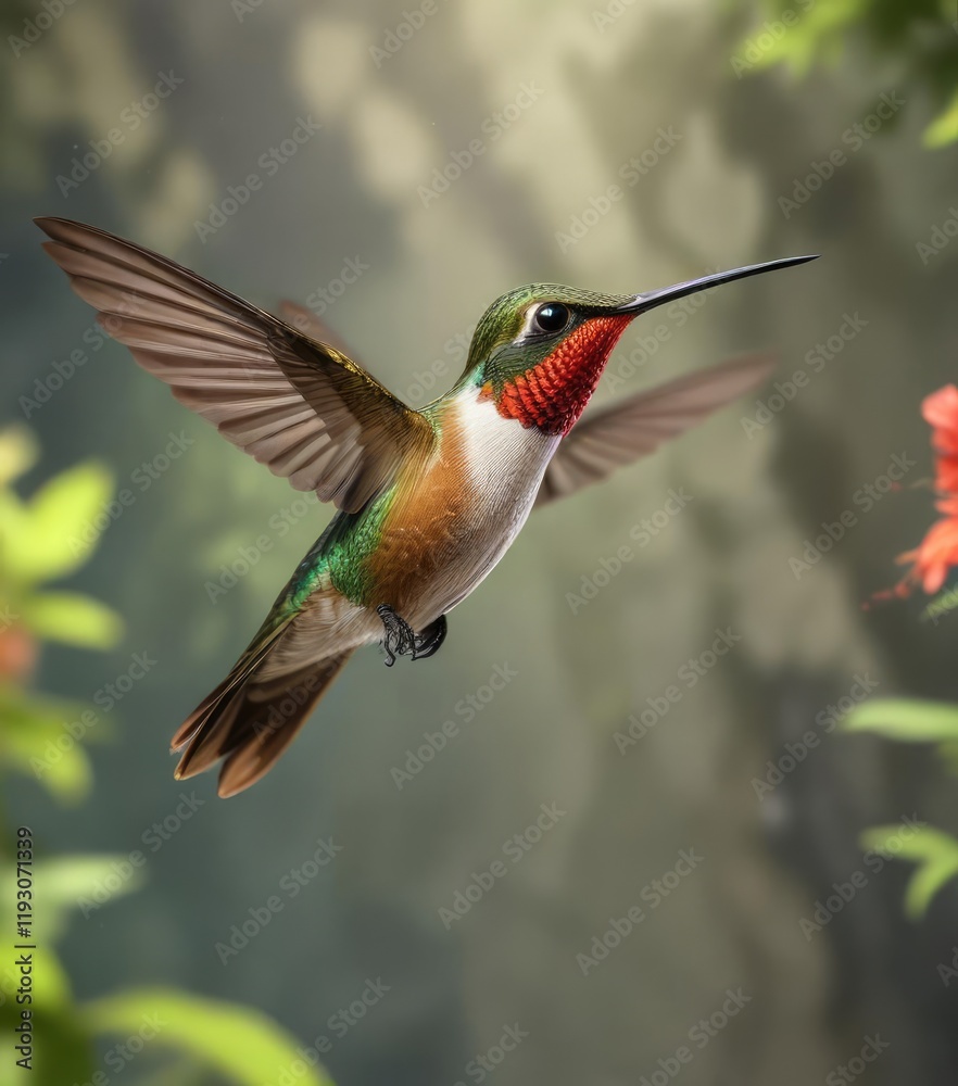 Fototapeta premium A hummingbird in flight with a blurred background, greenery, sunny day, feathered