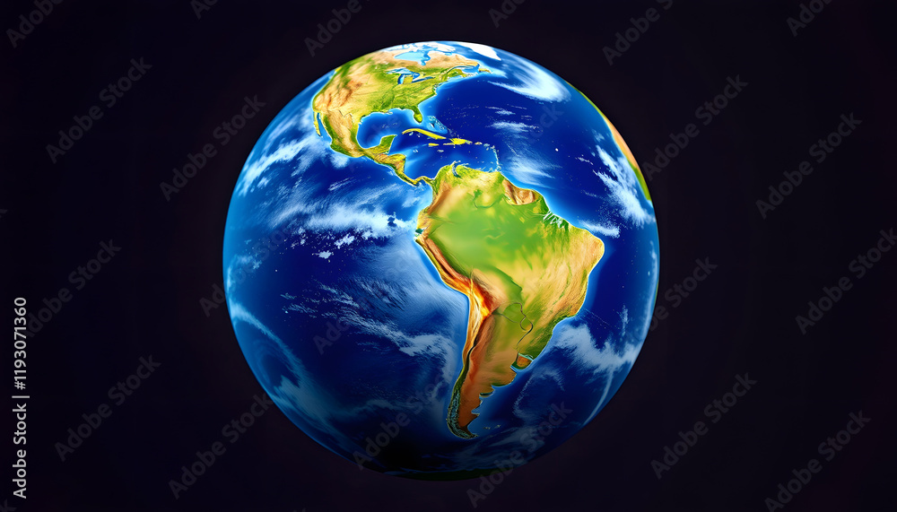Fototapeta premium Earth globe, realistic 3 D rendering. Americas view. (Source map, Colored gel lighting, with white tones