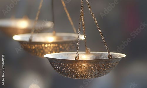 Hanging metal lanterns glowing with warm light in a blurred outdoor setting, ideal for peaceful ambiance. photo