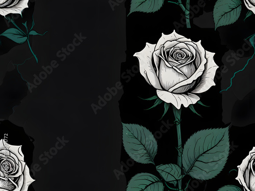 Little open White rose in prospective , background is dark, black 8k, copy the comic style of comic artist with emphasis on dark lines, dark tones, dark gritty photo