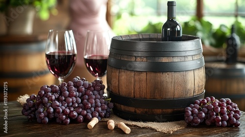 Winery red wine barrel, glasses, grapes, tasting