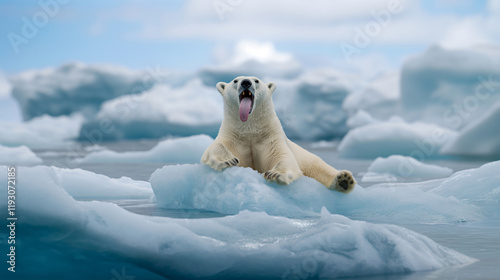 global warming,  a white polar bear, tongue hanging out, sweating profusely, sitting on the last iceberg,indicating heat, Generative ai