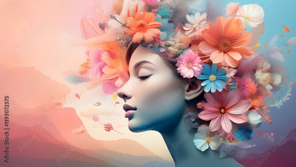 The image is an artistic depiction of a woman's face mixed with blooming flowers, creating a surreal fusion of nature and beauty. The soft pastel tones add a dreamy and ethereal quality. The image is an artistic depiction of a woman's face mixed with blooming flowers, creating a surreal fusion of nature and beauty. The soft pastel tones add a dreamy and ethereal quality.