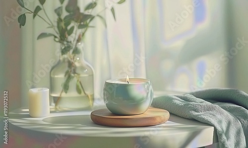 Lit candle on table by sunny window with plants and blanket, creating peaceful home atmosphere.