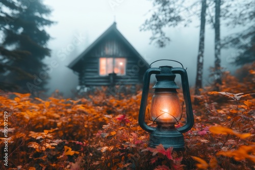 Wallpaper Mural A gothic depiction of a foggy forest retreat, with an eerie yet peaceful cabin lit by a single lantern and surrounded by towering dark trees Torontodigital.ca