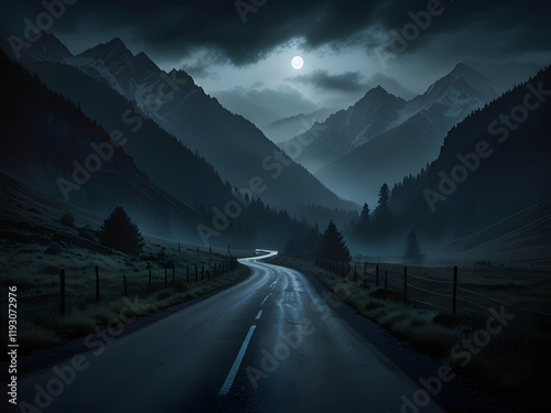 A winding road, shrouded in mist, stretches through a valley surrounded by towering, ominous mountains, their rugged peaks reaching towards the dark, foreboding sky, with subtle hints of moonlight