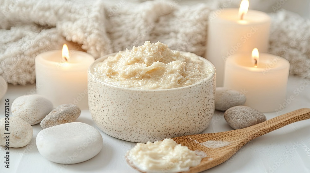 Relaxing spa setting with creamy body scrub and candles Relaxing spa setting with creamy body scrub and candles