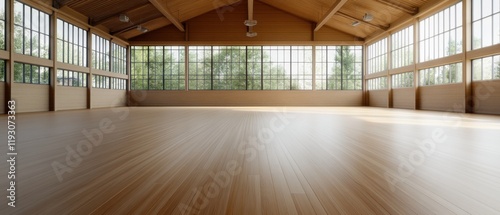 Spacious and Bright Wooden Hall with Sunlight Pouring Through Large Windows and Smooth Wooden Floor Surface