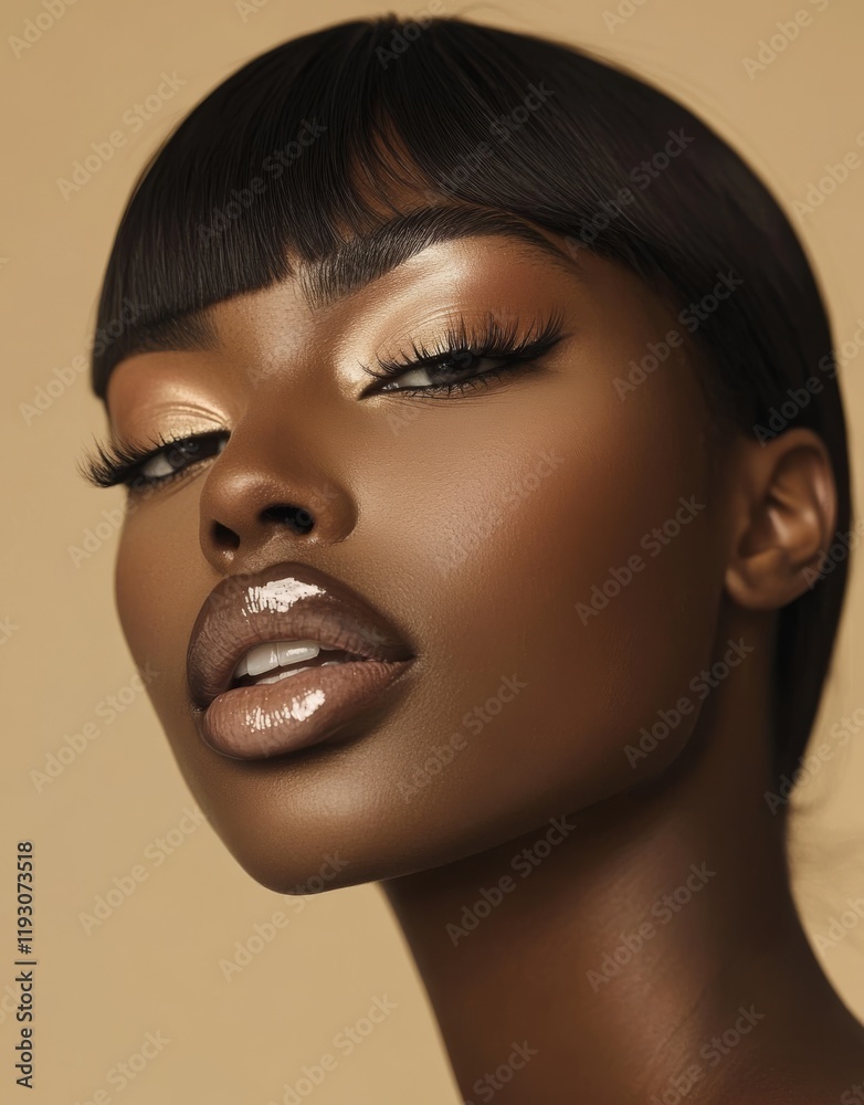 Bold African Model with Glossy Lips, Sleek Bangs, and Golden Makeup on Neutral Background Bold African Model with Glossy Lips, Sleek Bangs, and Golden Makeup on Neutral Background