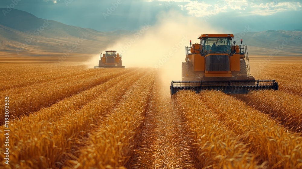 Fototapeta premium Harvesting Machines Working in Golden Wheat Fields Under Dramatic Sky, Dust Clouds Rising in Scenic Rural Landscape, Agriculture Equipment at Work