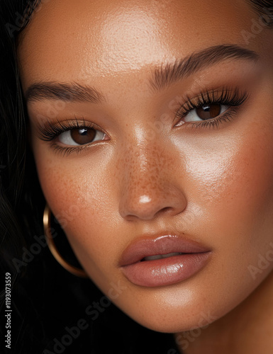 Freckled Asian Model with Glossy Lips, Radiant Skin, and Gold Hoop Earrings