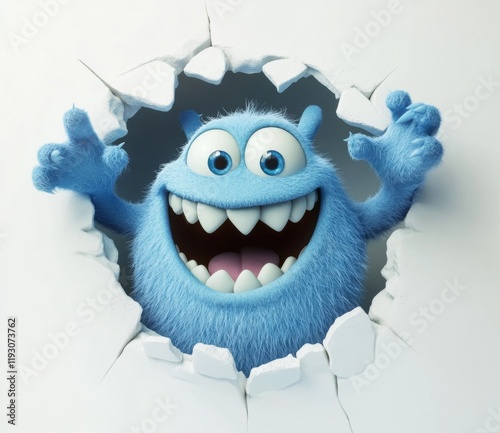 Joyful Blue Monster Emerging from a Hole photo