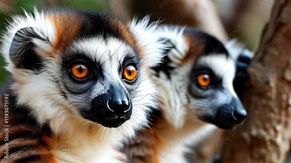 Obraz premium Close up of two lemurs showcasing striking eyes and fur, highlighting wildlife beauty and nature conservation