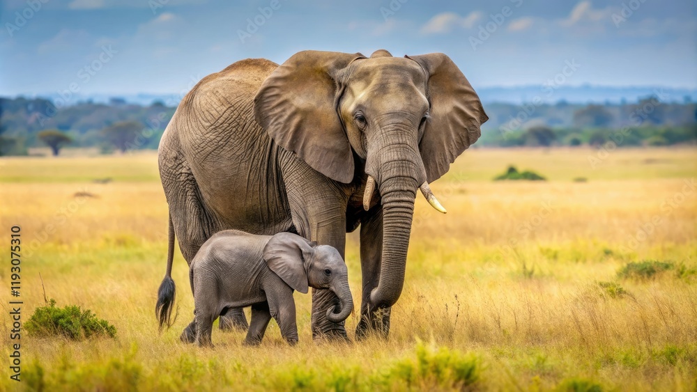 Obraz premium A mother elephant protecting her calf from harm in the savannah, savannah, wilderness area, wild animal, herd behavior