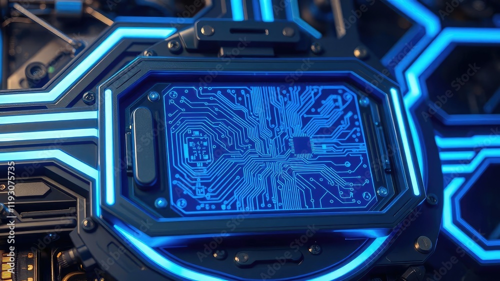 Obraz premium A blue holographic circuit board is embedded in a futuristic device with intricate mechanical parts and glowing blue lines surrounding it, innovation, digital