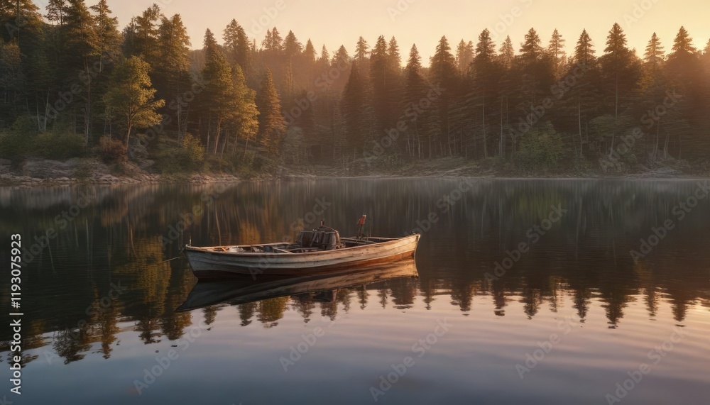 Obraz premium A boat glides across a peaceful lake at sunset, serene, water