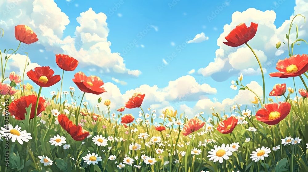 Fototapeta premium Beautiful meadow with colorful wildflowers against a blue sky background. 