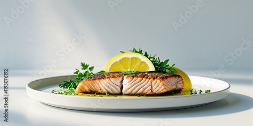 Grilled Fish Steak with Lemon and Herbs Plated photo