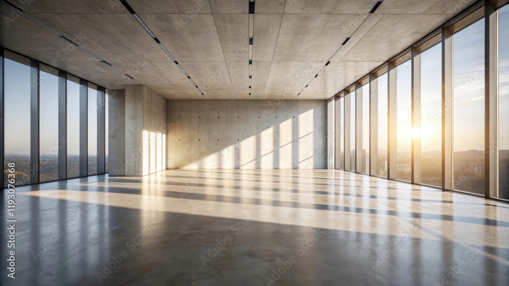 Naklejka premium Vast empty modern office space with panoramic windows and sunlight streaming through