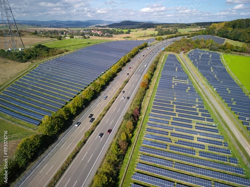 Aerial view of solar panels located along a highway, with a landscape of green fields and hills. The image reflects the combination of renewable energy, transport and nature.