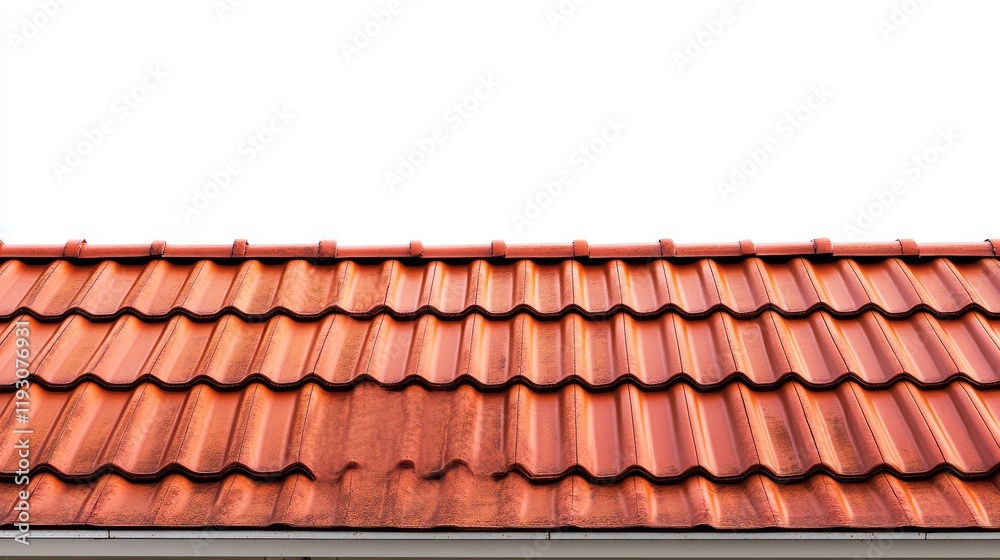 Lightweight red steel roofing panel with modular tile effect, isolated on white background. Traditional metal shingle tiles designed to mimic clay or concrete slate, popular profiled metallic pantile. Lightweight red steel roofing panel with modular tile effect, isolated on white background. Traditional metal shingle tiles designed to mimic clay or concrete slate, popular profiled metallic pantile.