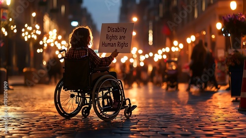Wheelchair user protests for disability rights at night, city background