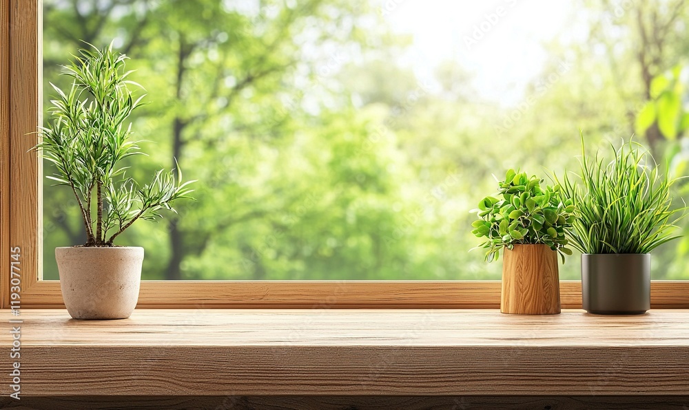 Potted plants on wooden table by window with park view, ideal for product placement. Potted plants on wooden table by window with park view, ideal for product placement.