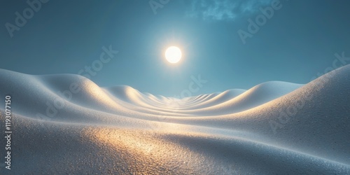 A sparkling desert of metallic sand under an unusual alien sun s glimmering light