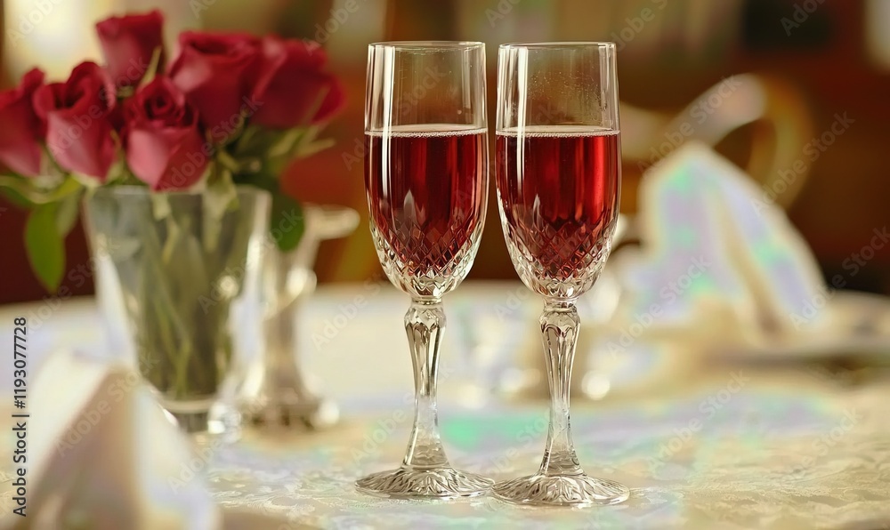 Romantic dinner table setting with red roses and champagne glasses. Romantic dinner table setting with red roses and champagne glasses.