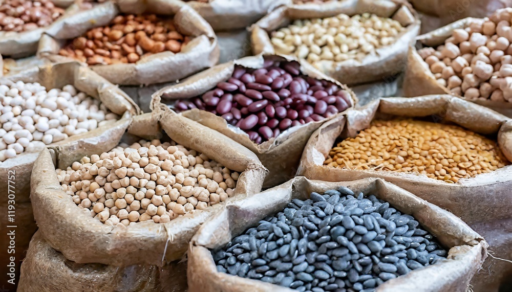 Fototapeta premium A market display featuring bags of different dried beans in sacks at a bazaar