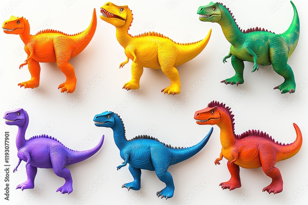 Fototapeta premium Colorful dinosaur figures arranged playfully, showcasing vibrant