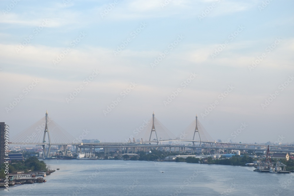 bridge and building cityscape on river in sunset at Thailand bridge and building cityscape on river in sunset at Thailand