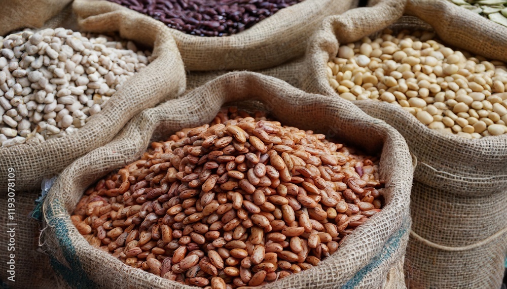 Fototapeta premium A market display featuring bags of different dried beans in sacks at a bazaar