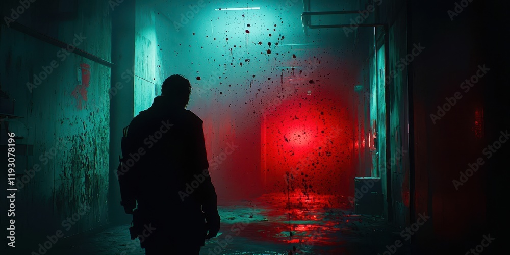 Man is walking in a dark hallway with red and blue lights Man is walking in a dark hallway with red and blue lights