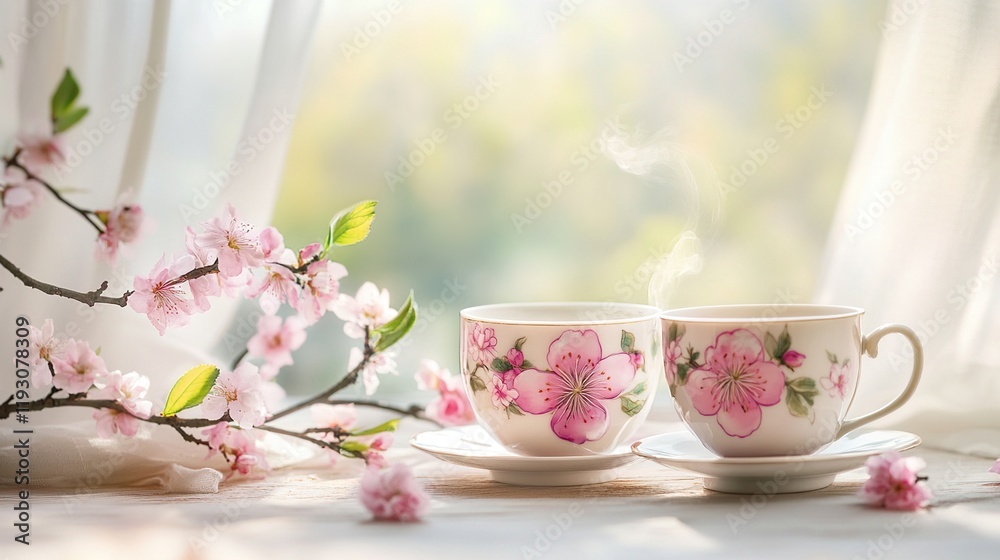 Delicate porcelain teacups with plum blossoms, soft steam rising, embodying serenity and elegance of Chinese New Year. Delicate porcelain teacups with plum blossoms, soft steam rising, embodying serenity and elegance of Chinese New Year.