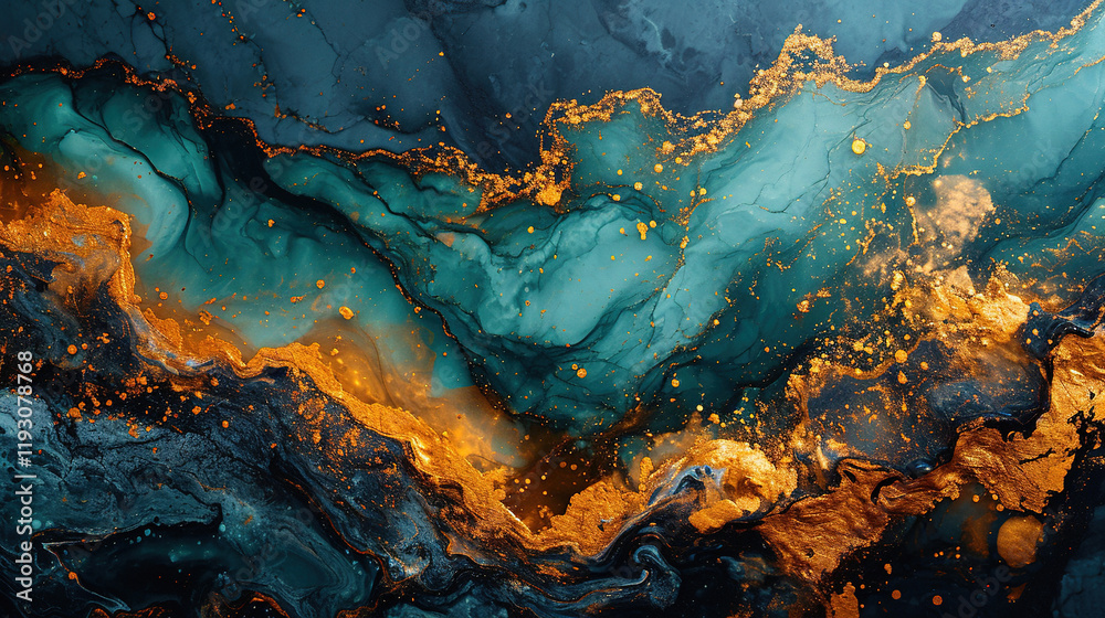 Obraz premium Abstract Marble Marbled Ink Painted Blue White Swirls Gold painted Splashes