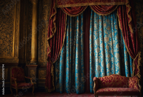 Heavy brocade curtains, ornate patterns, rich colors, antique theater setting