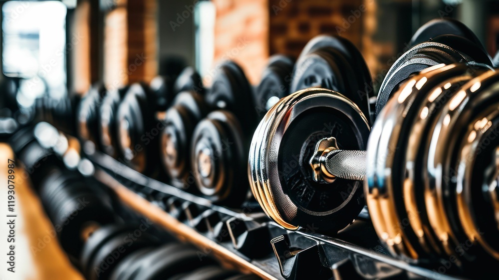 Close up view of a row of dumbbells in a modern gym, emphasizing fitness and strength training
