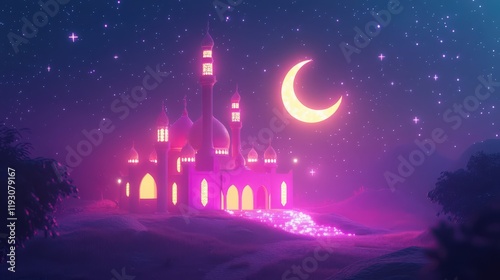 A crescent moon shines above a softly glowing mosque at night beneath a starry sky photo