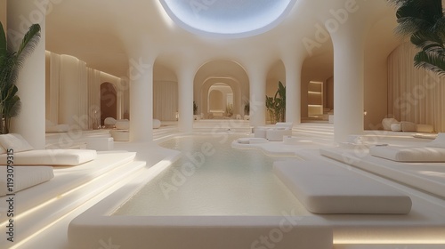 Luxurious minimalist indoor pool and lounge.