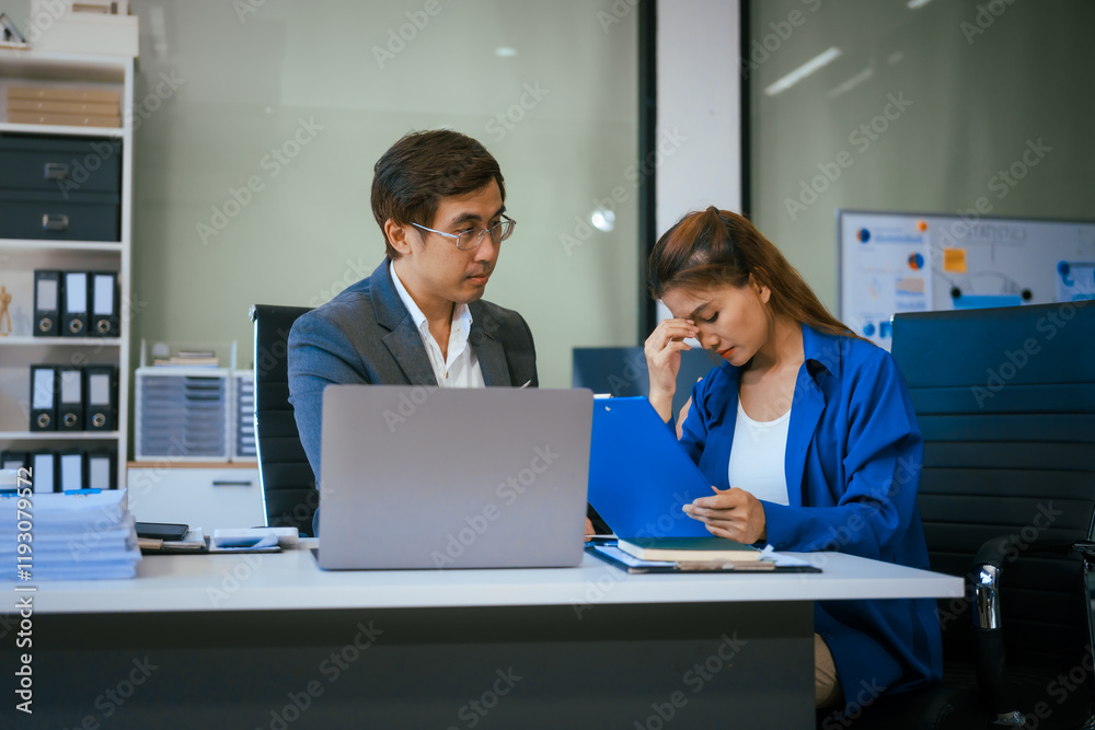A stressed businessman and woman sit at a desk, overwhelmed by business challenges. They discuss problems,financial pressures, and strategy, seeking solutions to manage work, deadlines, and economic A stressed businessman and woman sit at a desk, overwhelmed by business challenges. They discuss problems,financial pressures, and strategy, seeking solutions to manage work, deadlines, and economic