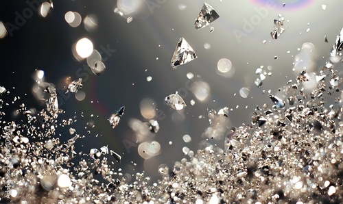 Sparkling diamonds or crystals exploding against a dark background with bokeh effect, ideal for luxury or celebration themes.