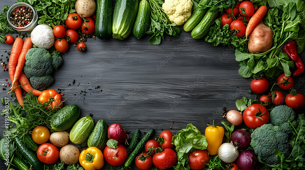 Vibrant Assortment of Fresh Vegetables Arranged on Dark Wooden Background