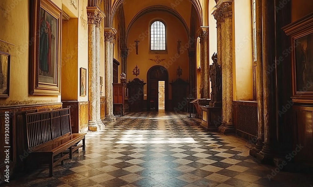 Fototapeta premium Sunlit church hallway with checkered floor, pew, pillars, paintings, and statues.